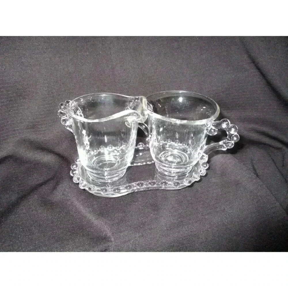 Sugar/Cream with Tray‎ Vntg Imperial Glass Candlewick  kitchenware knobby clear